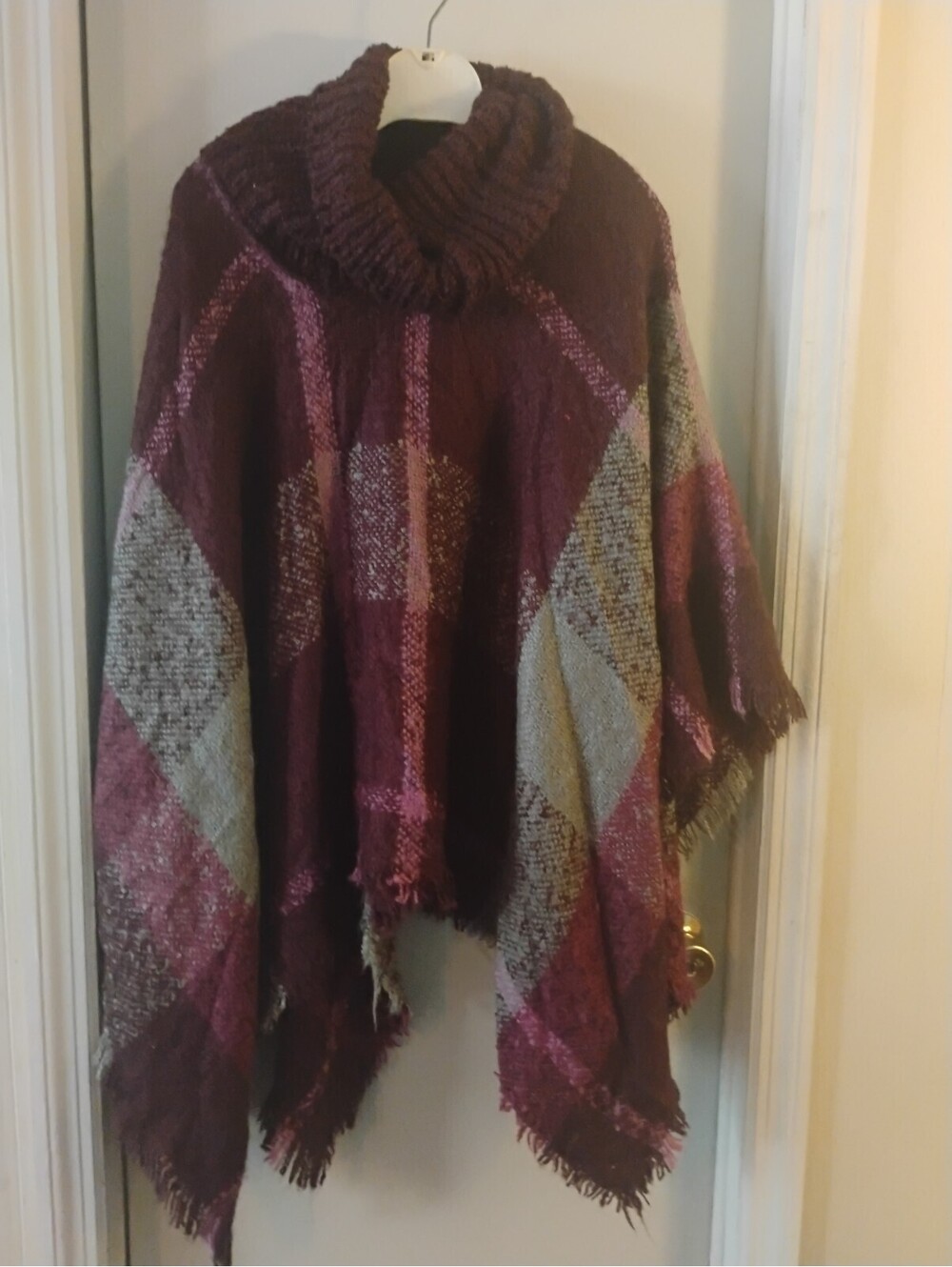 Plaid Cowl Neck Poncho Cape Burgundy Maroon Taupe Fringe Oversized Wrap